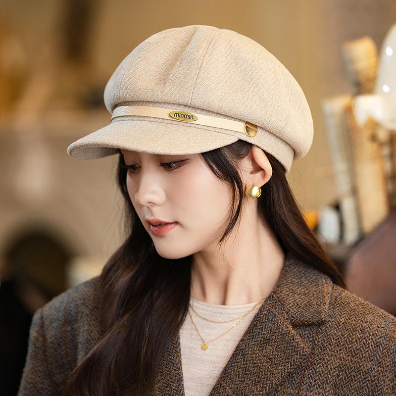 Flattening Cap Women, Beret Newsboy Hat for Small Face, British Style Autumn Winter Octagonal Hat