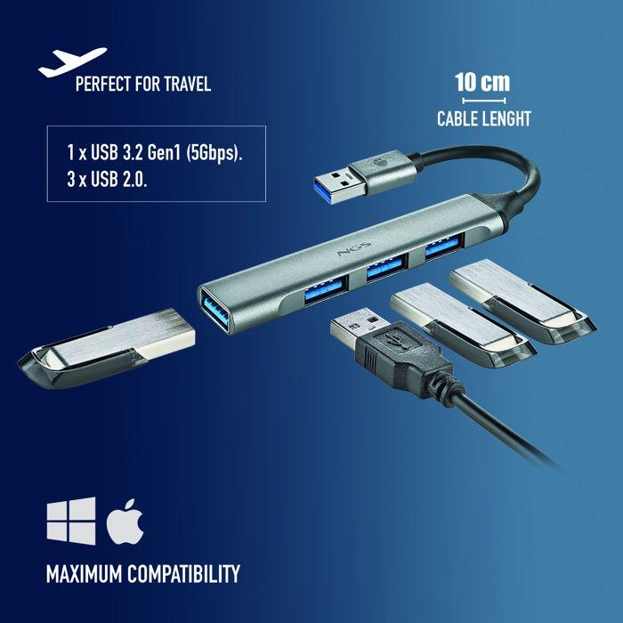 NGS IHUB 4 MICRO : Hub USB 4 ports (1 USB 3.2 Gen1 + 3 USB 2.0), transfert 5Gbps, compact, aluminium