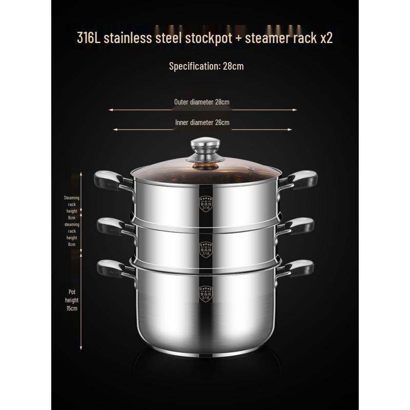 2025 Three-Layer 316 Stainless Steel Steamer & Soup Pot for Induction & Gas Stoves