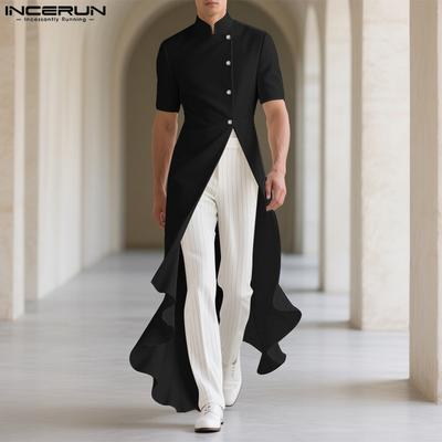 Men Stand Neck Short Sleeve Casual Split Irregular Ruffled Long Tunic Tops