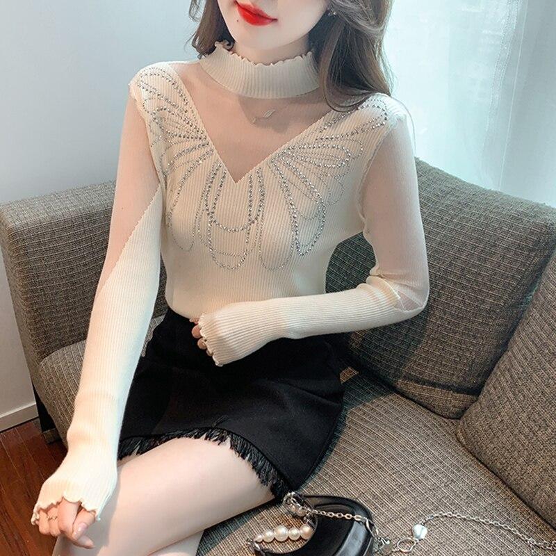 

Осенне-зимний модный пуловер с высоким воротником, женский свитер 2023, прозрачные сетчатые топы, джемпер с ромбовидными рюшами, вязаный свитер 29211 XL абрикосовый