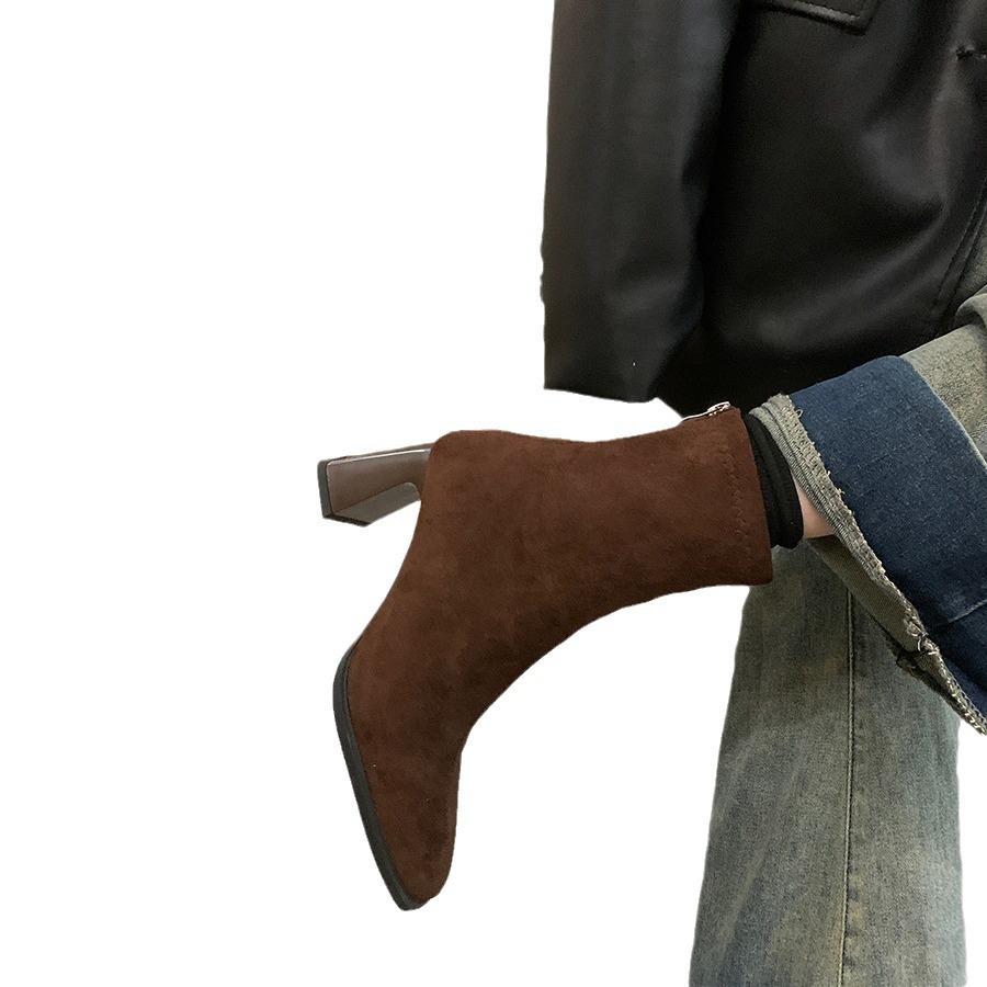 Women's high-heeled short boots 2025 new autumn and winter French retro suede thick-heeled thin boots foreign-style Korean small ankle boots