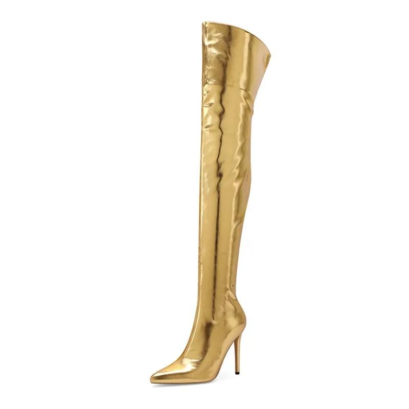Sexy Silver Gold Rear Zipper Over Knee Boots Women's Pointed High Heels European and American Fashion Long Boots Big Size