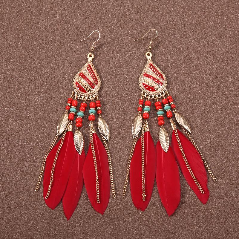 Feather Fringed Earrings Women's Water Drop Long Ethnic Style Retro Temperament Versatile Exaggerated Earrings