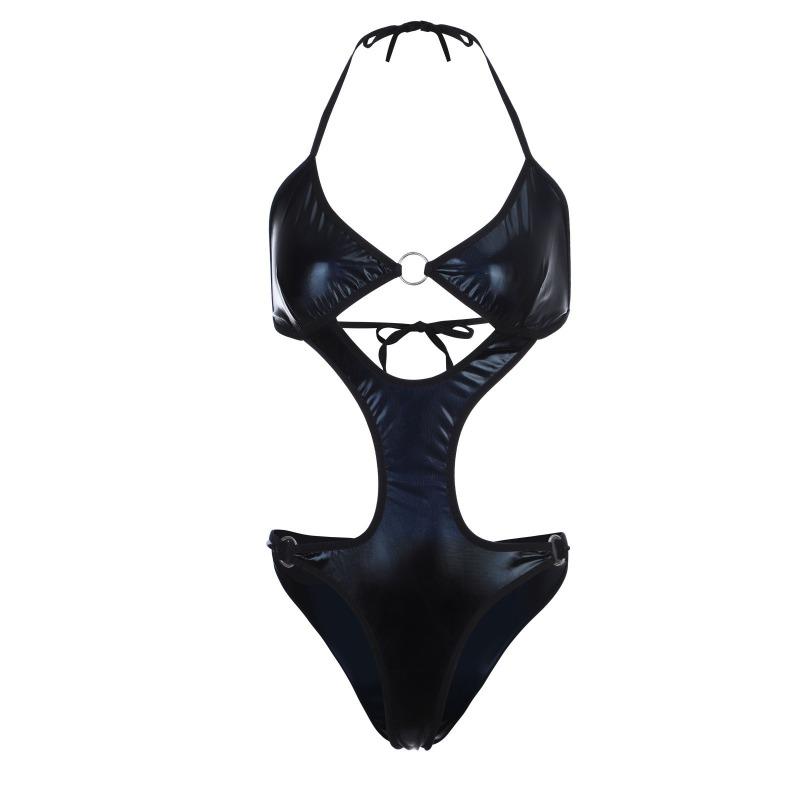 New sex underwear, sexy hollow lace-up imitation leather one-piece sex swimsuit, home, sex underwear