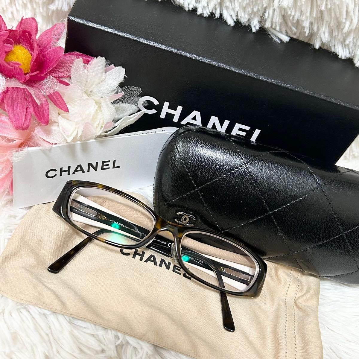 Used CHANEL Glasses Tortoiseshell Pattern Here Mark Case Included
