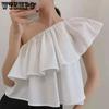 Sweet Off Shoulder Ruffled Top Women White Short T-shirt High Waist Navel Expose Sexy Desire Sleeveless Sloping Shoulder Summer