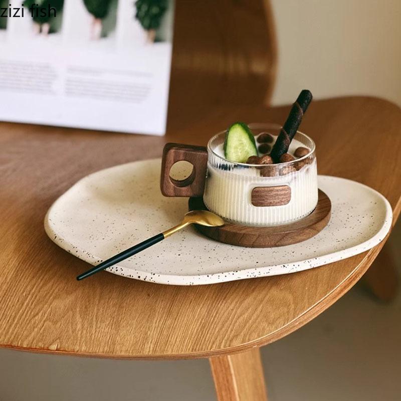 Creative Wooden Handle Glass Mug Solid Wood Coaster Breakfast Cup Oat Cup Milk Cups Coffee Mug Household Water Cups Tea Cup