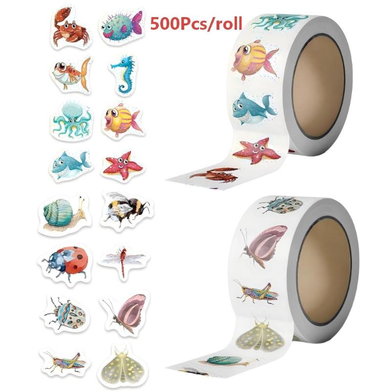 500Pcs/Roll Cartoon Animal Stickers Ocean Marine Insect Bug Self Adhesive Waterproof Decals Diy Scrapbook Craft Reward Decor