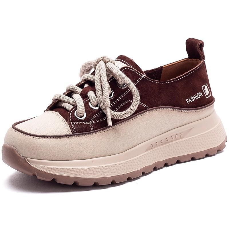 Fashion GKTINOO Genuine Leather Sneakers Thick Soled Casual Women's Shoes 2025 Autumn New Round Toe Lace-up Flat Platform Shoes