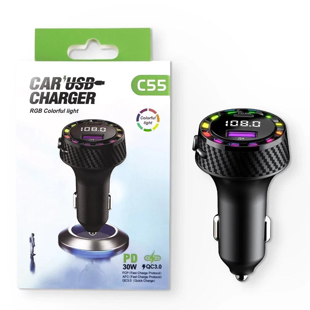 30W PD Fast Car Charger with Bluetooth 5.3 Receiver, LED Display, Hands-Free Calling & RGB Ambient Lights for iPhone & Android