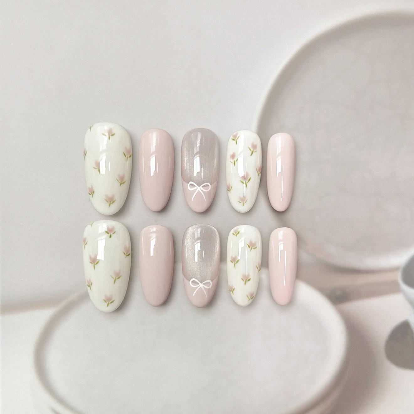 Elegant French Floral Bow Manicure - Spring Collection (Detachable, High-End, Whitening) Small