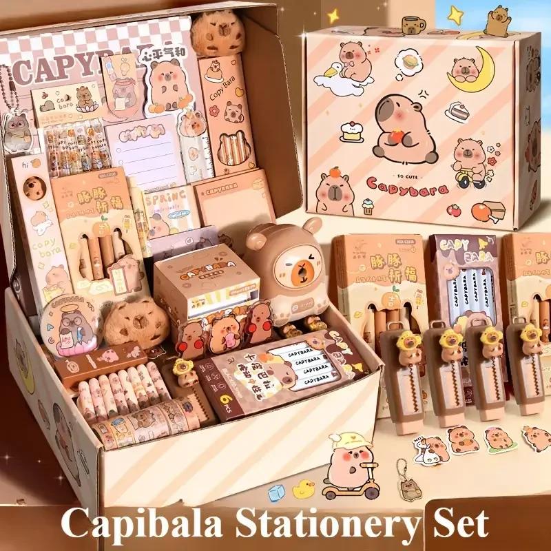 Caixa de Presente de Grande Capacidade Kit de Papelaria Capivara Abundante e Fofo Kit de Presente para Volta às Aulas Estojo de Lápis Papelaria de Estudo para Estudantes