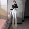 2026 Spring/Autumn Plus Size High-Waisted White Micro-Flare Jeans for Women - Slimming Flattering Tall Floor-Length Pants