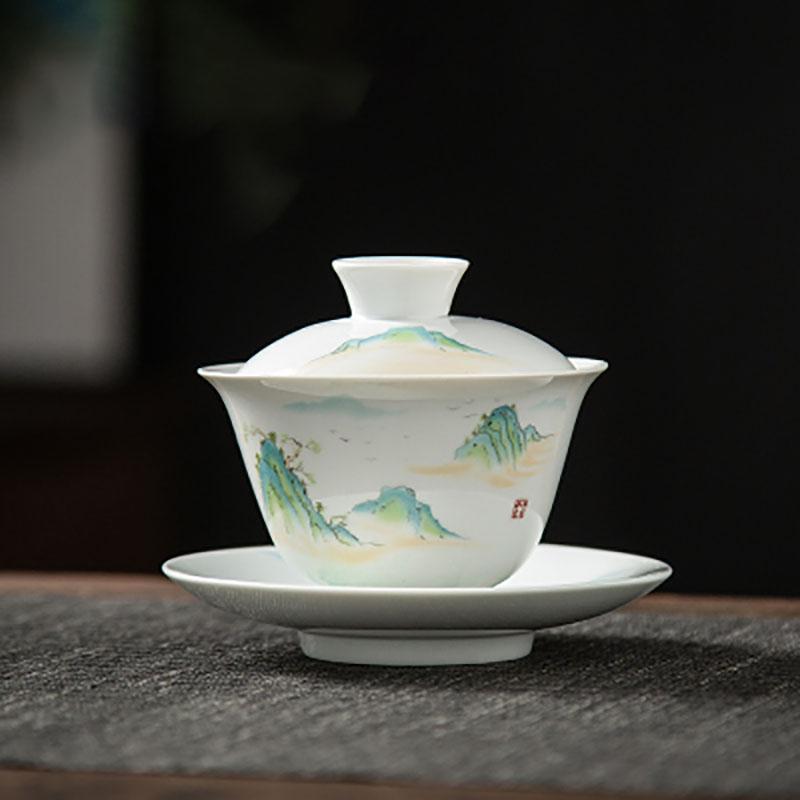 Ceramic Handmade Kung Fu Zen Gaiwan, Creative Hand-painted Chrysanthemum Tea Set, Office Tea Bowl with Saucer, Drinkware