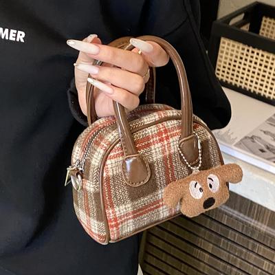 Niche Plaid Handbag Women's 2025 New Trendy Cute Puppy Messenger Small Bag Girl Mini Bowling Bag