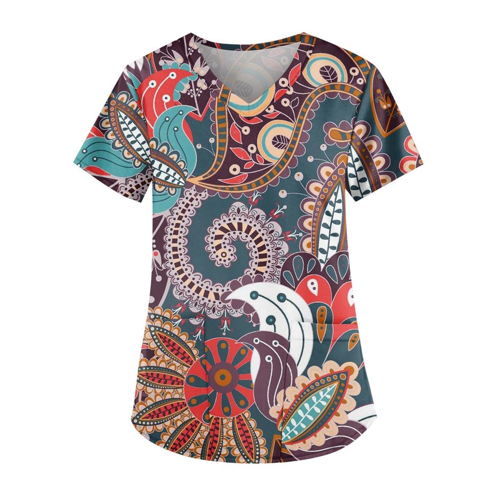 Plus Size Printed Scrub Working Uniform Tops For Women's V-Neck Short Sleeve Fun T-Shirts Workwear Tee With Pockets