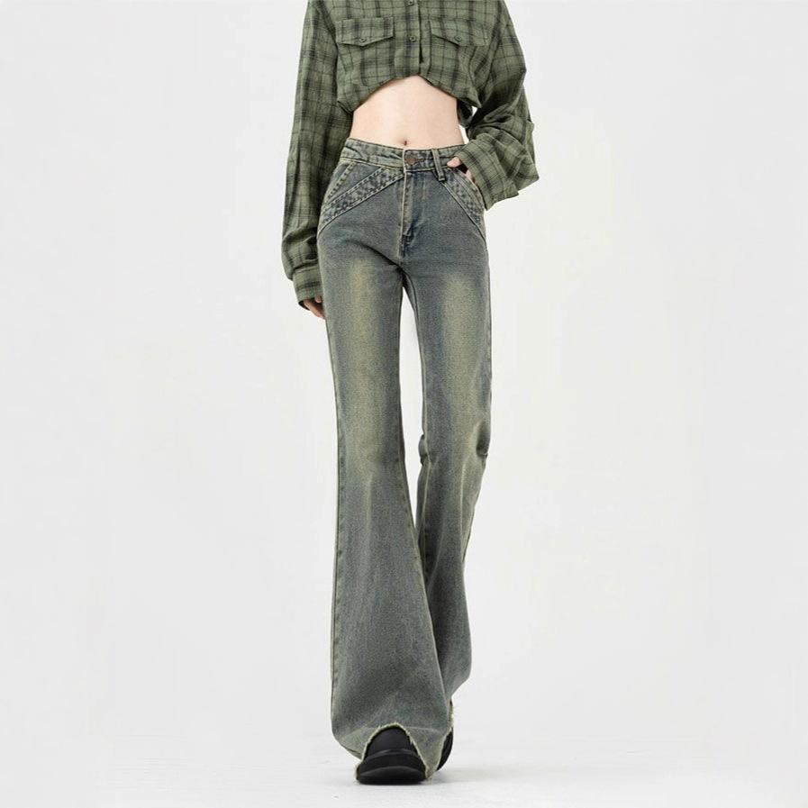 Nostalgia Blue Big Size Micro Flare Jeans Female Spring and Summer High-waisted Raw Edge Skinny Cover Crotch Flare Pants Retro Jeans for Ladies