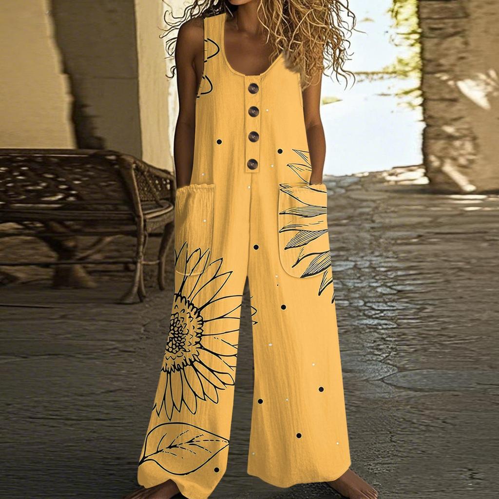 Dámský módní ležérní overal bez rukávů s knoflíky, bavlněný overal s kapsami a retro květinovým potiskem
