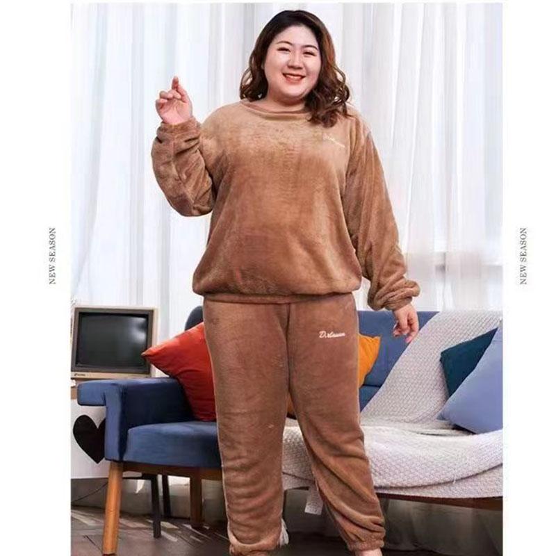 Autumn and Winter Women's Plus Size Loungewear Thick Warm Coral Fleece Pajama Set