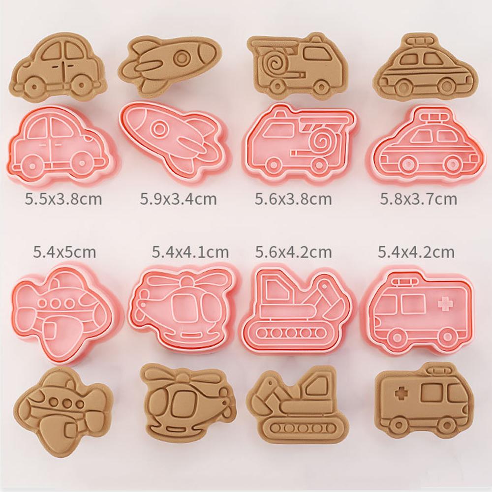 8Pcs Cars Plane Cookie Cutters 3D Vehicle Cookie Molds Plastic Biscuit Embosser Stamp Boy Diy Kitchen Baking Accessories Tools