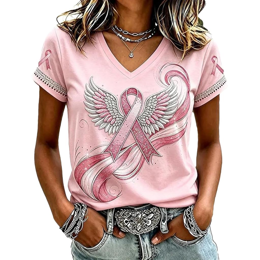 Women's Casual V-Neck Short Sleeve Printed Pullover T-Shirt for Everyday Wear