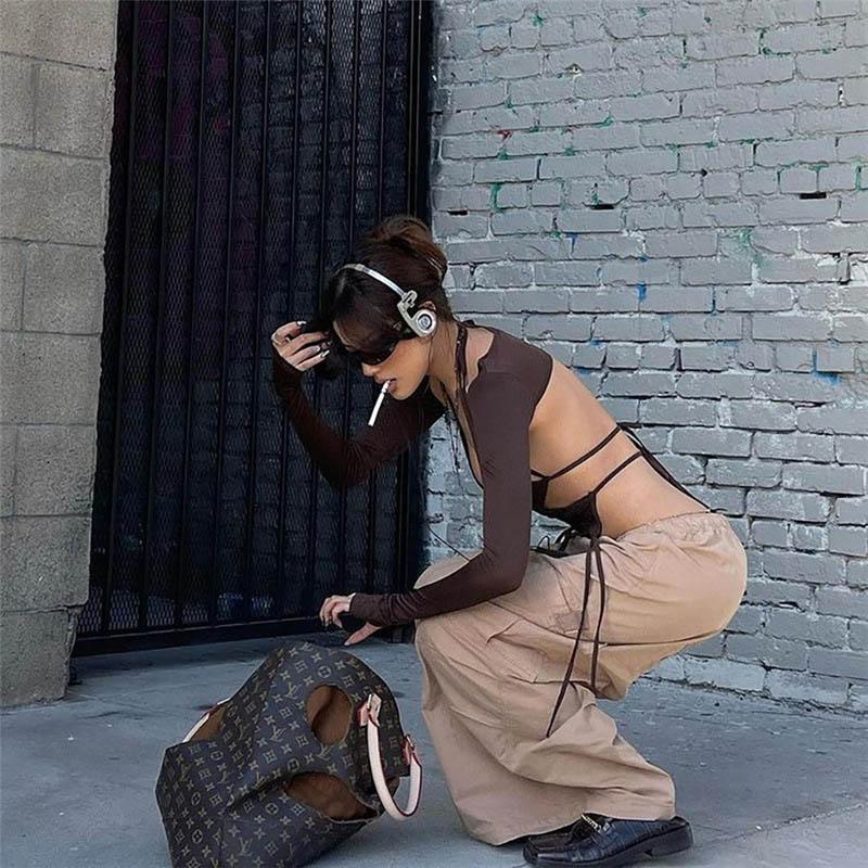 Y2k Streetwear 2 Piece Long Sleeve Halter Crop Top Sexy Trendy Irregular Backless Women T-shirts Aesthetic