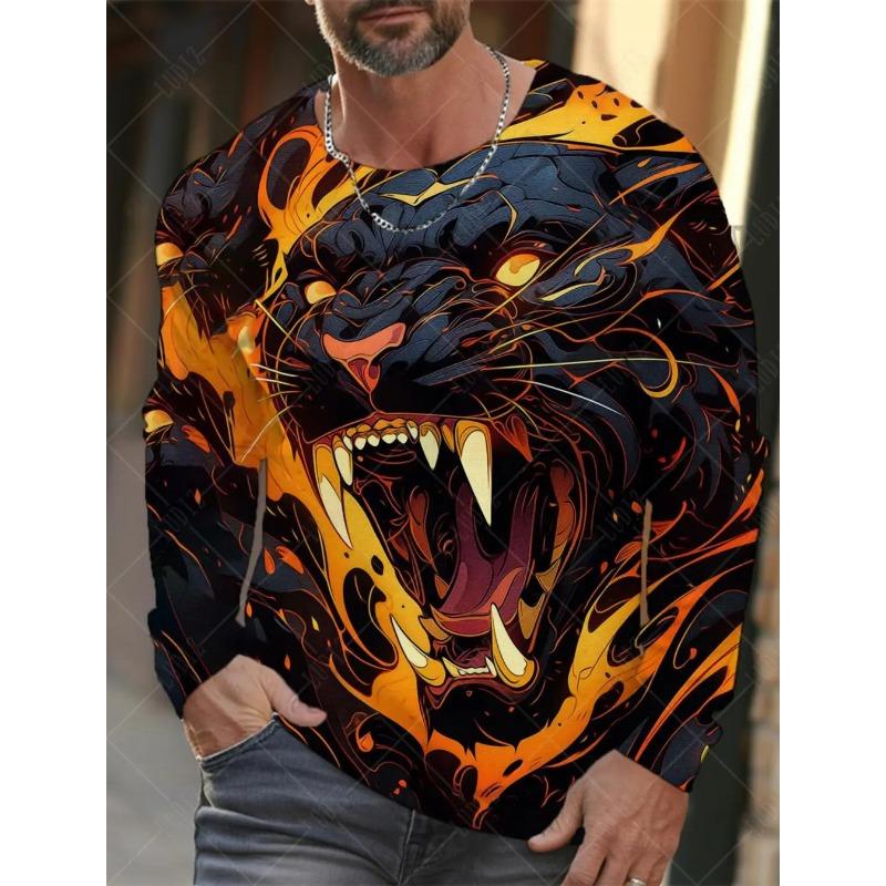 Outdoor Leisure Men's Long-sleeved T-shirt Animal Tiger Lion Leopard Pattern Street Top Sports Fashion Autumn Warm Long Sleeve