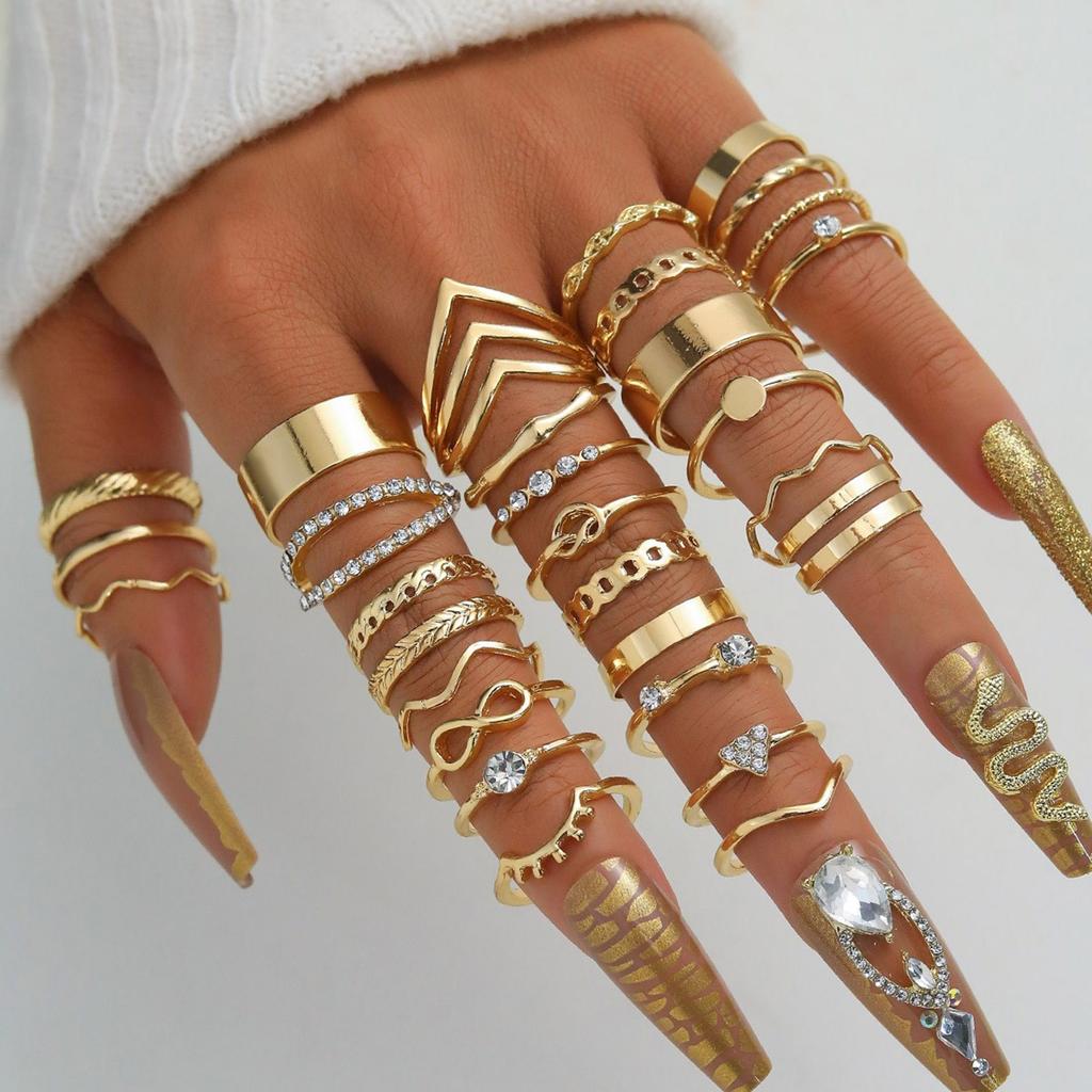 Silver/Gold Color Rings Set for Men and Women Elegant Stacking Geometric Finger Rings Inlaid Rhinestones Accessories
