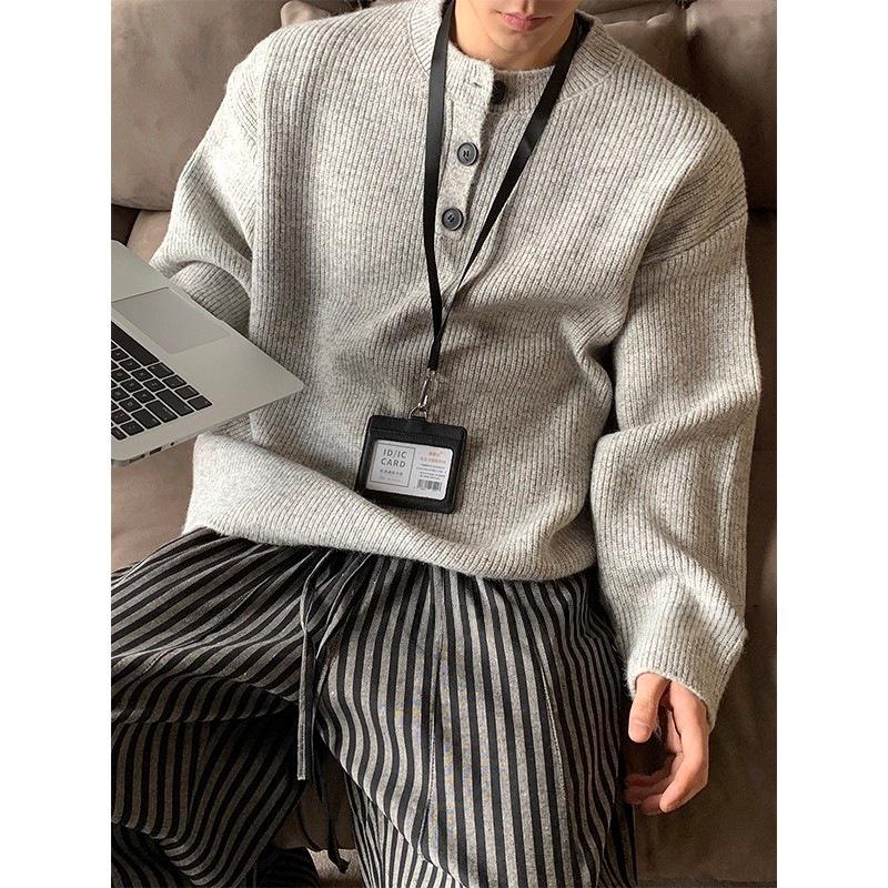 Men s American Retro Henley Collar Sweater: Autumn/Winter Casual Loose Knitwear XXXL