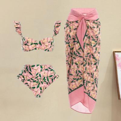 3 ks/sada Dámské letní bikiny s plážovou zahalovací sukní s volánkem v Bohemia Style Rukáv Bandeau Podprsenka Vysoký pas