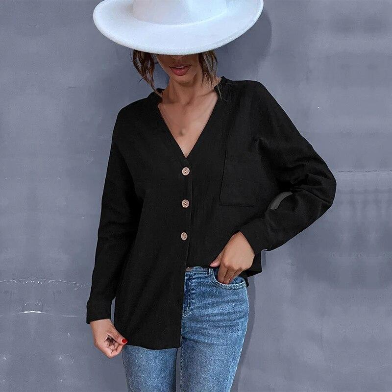 Solid Color Button Front Autumn Long Sleeve Stand Collar Loose Fit Shirts for Women Single Breasted Blouse Top