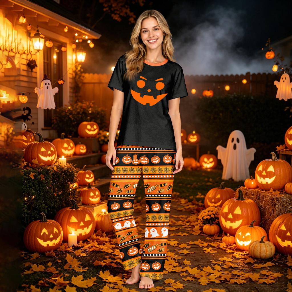 Family Matching Halloween Print Short Sleeve Loungewear Set with Tops and Pants for Parents and Kids