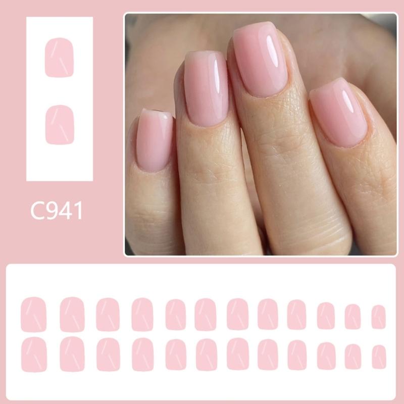 24Pcs Square Press on Nail Glossy Design French Fake Nail Acrylic False Nail,Artificial Nail Glues on Nail for Womens