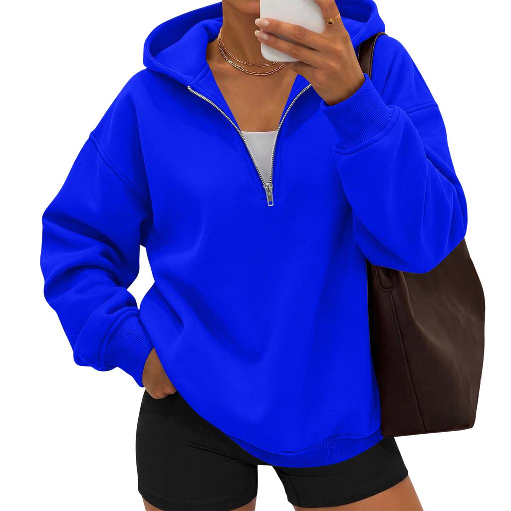 Women's casual fashionable long-sleeved hooded pullover with half-zip on the chest