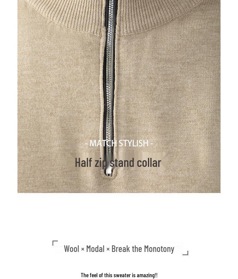 Luxurious, Soft, and Skin-friendly Men's Slim-fit Half-zip Stand-collar Wool Sweater; Thickened for Warmth In Autumn and Winter.