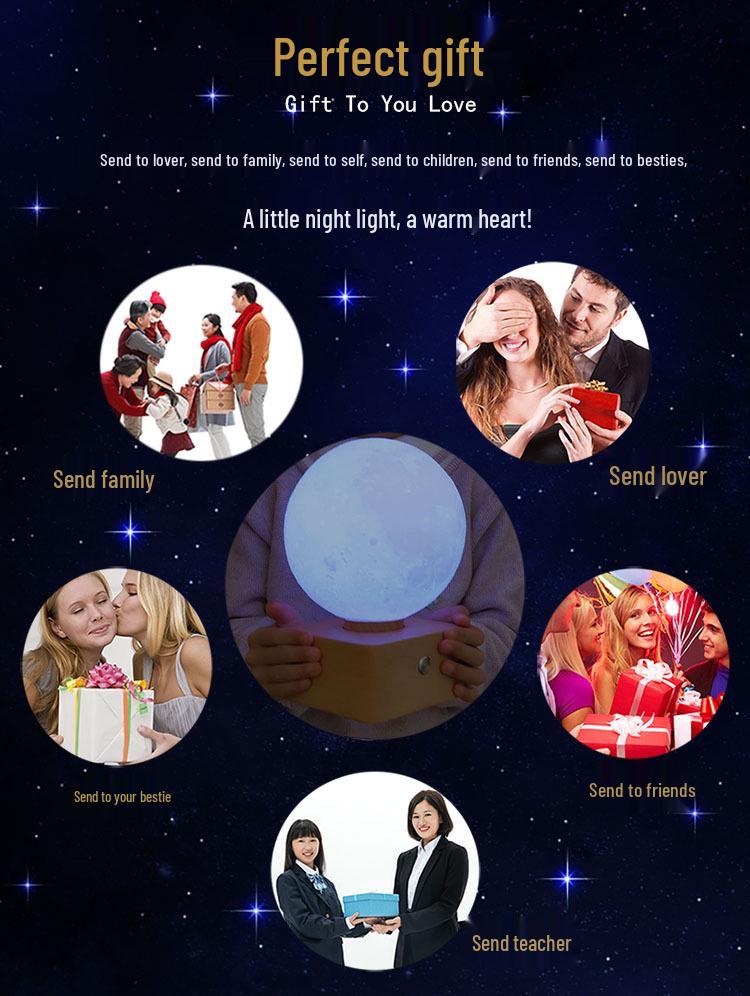 Moon Lamp USB Charging LED Night Light, 7-Color Touch, Creative Bedside Planet Lamp, Perfect Birthday Gift.