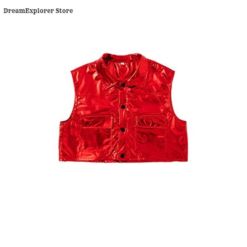 Sudadera Hip Hop para Niños Chaleco Brillante Pantalones Cargo de Street Dance Conjunto de Ropa K-pop para Niñas Disfraces de Jazz Rojos para Niños Ropa Urbana Infantil 130 red