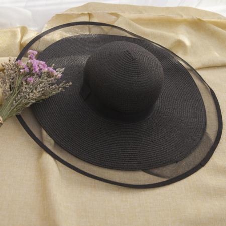 

HT2504 Sun Hat Summer anti-UV Lady Wide Brim Hat Women Solid Plain Floppy Summer Straw Hats for Women Female Mesh Brim Beach Hat 56-58cm чорний