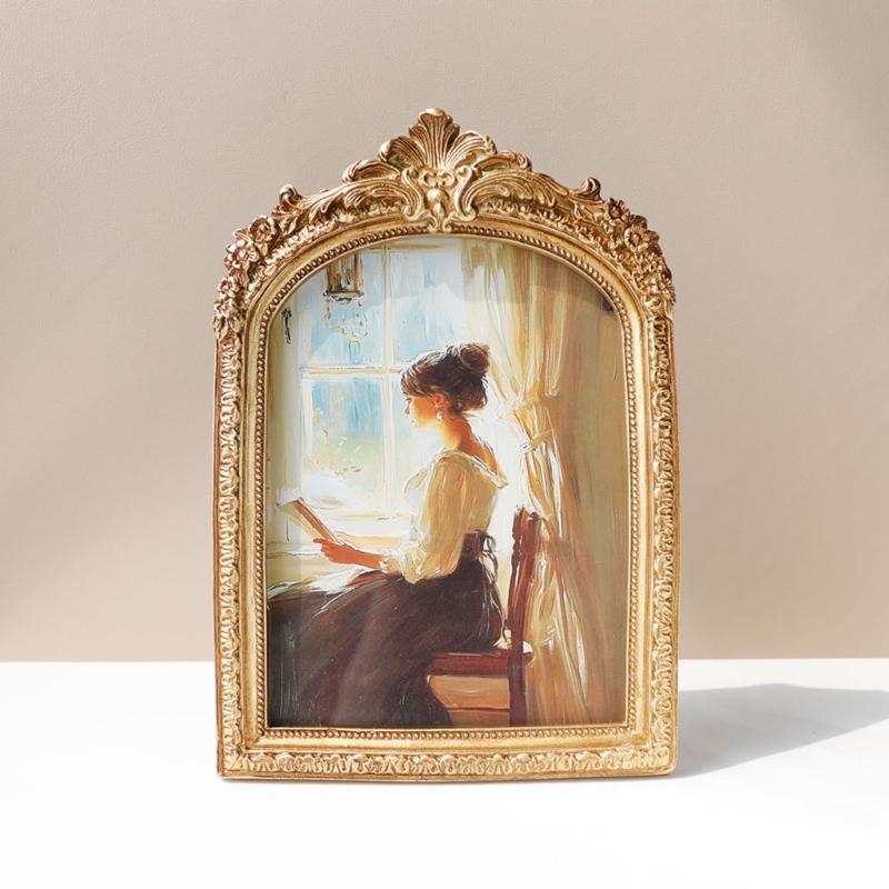 Handcrafted Antique Gold Carving Arch Picture Frame With Hanging Hook And Stand For Wall Or Tabletop Decoration Display