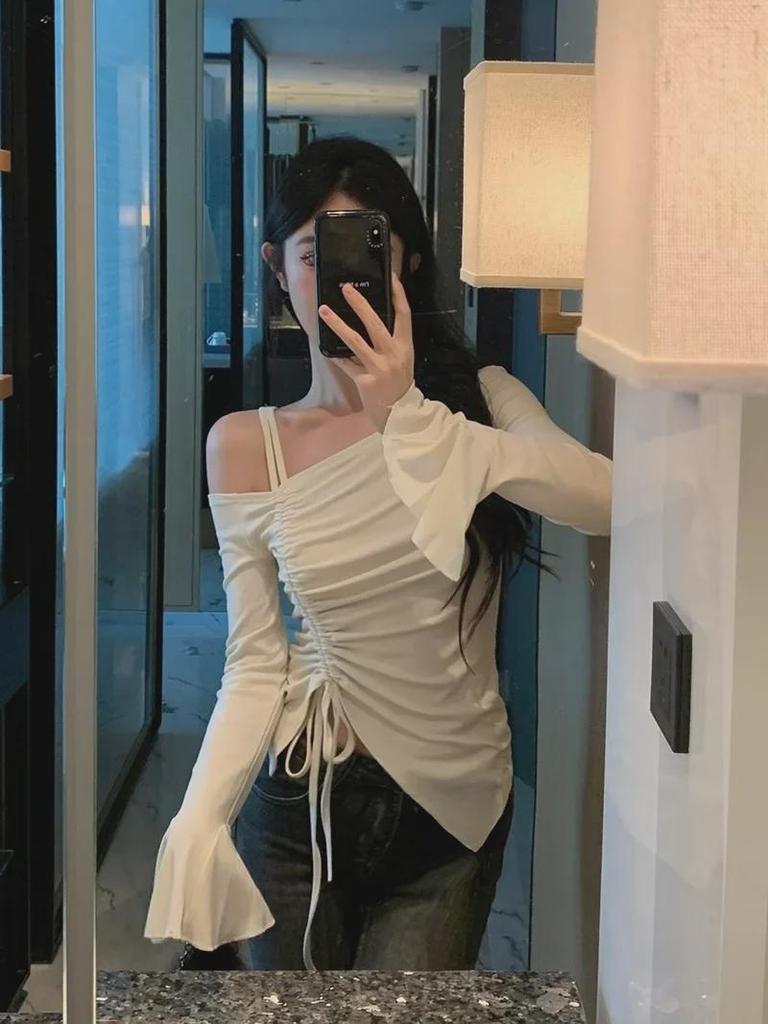 Dámská halenka s odhalenými rameny, stahovací šňůrkou, slim fit a dlouhým rukávem