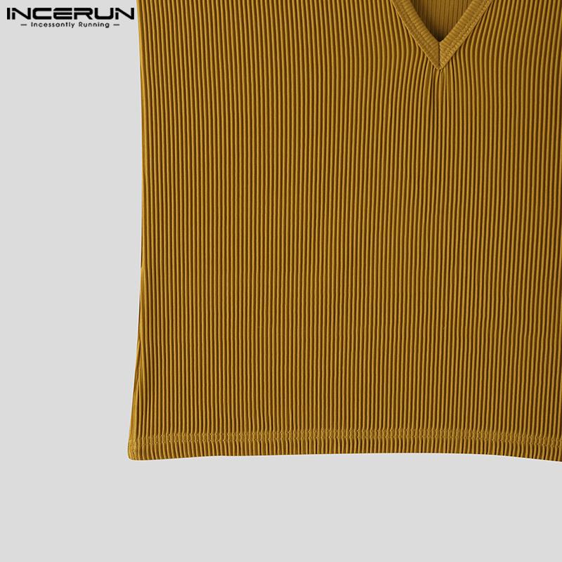 INCERUN Summer Men Deep V Sleeveless Solid Casual Fitted Rib Tank Tops Undershirts