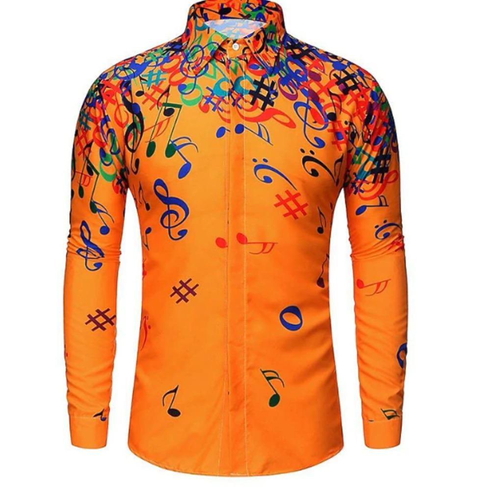 Herren Hemden mit musikalischem Notendruck Langarm Casual Cardigan Neue Knöpfe Feiertagsmode Hemden