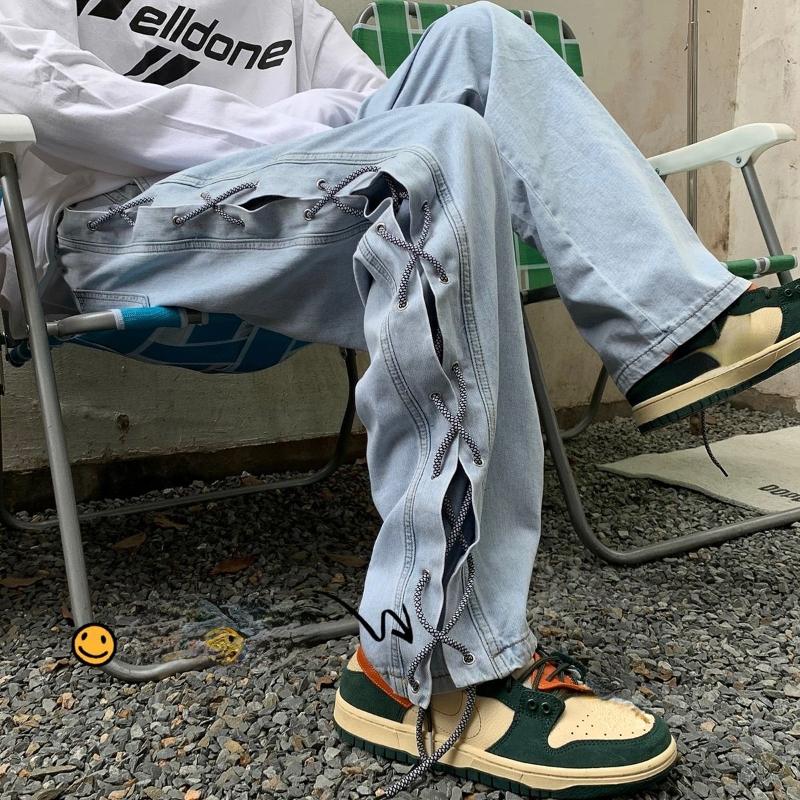 Cross Ribbon Jeans Men's Baggy Denim Pants Y2K Gothic Streetwear Korean Clothing Male Trousers