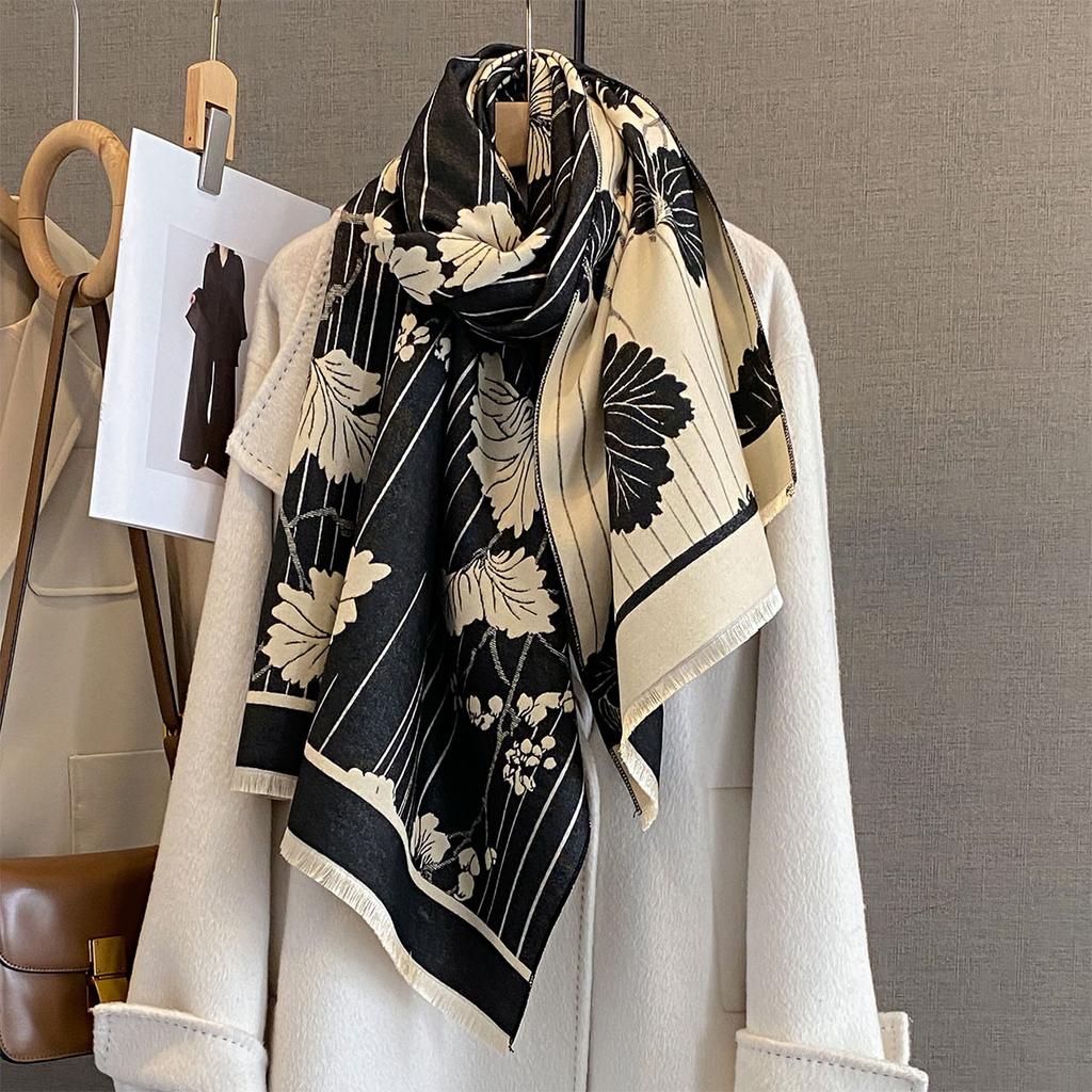 Personalized retro style flower striped scarf irregular striped design autumn and winter warm shawl fashionable versatile scarf