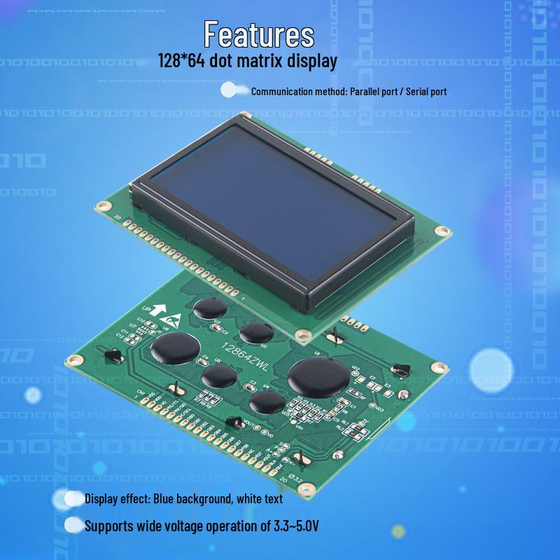 2.9-inch LCD Display Module, Blue/White, Serial & Parallel, 128x64 Dot Matrix Character Screen with Font Library