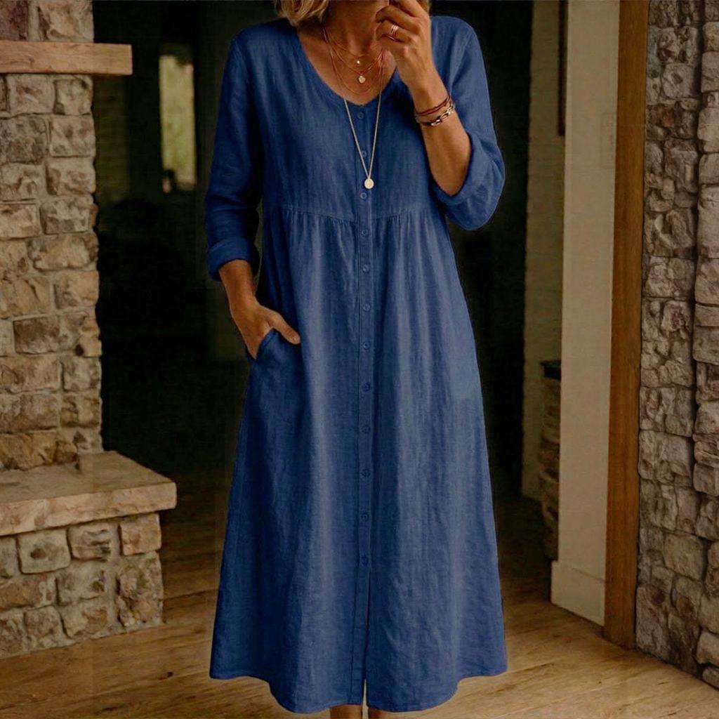 Women's Fashionable Casual Cotton-Linen Long-Sleeve Button-Down Dress
