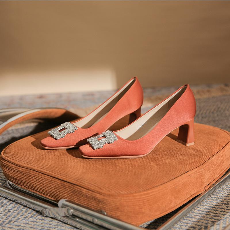 - Classic Satin Rhinestone Square Head Thick Heel High Heels Women's Fashion Simple CMCM