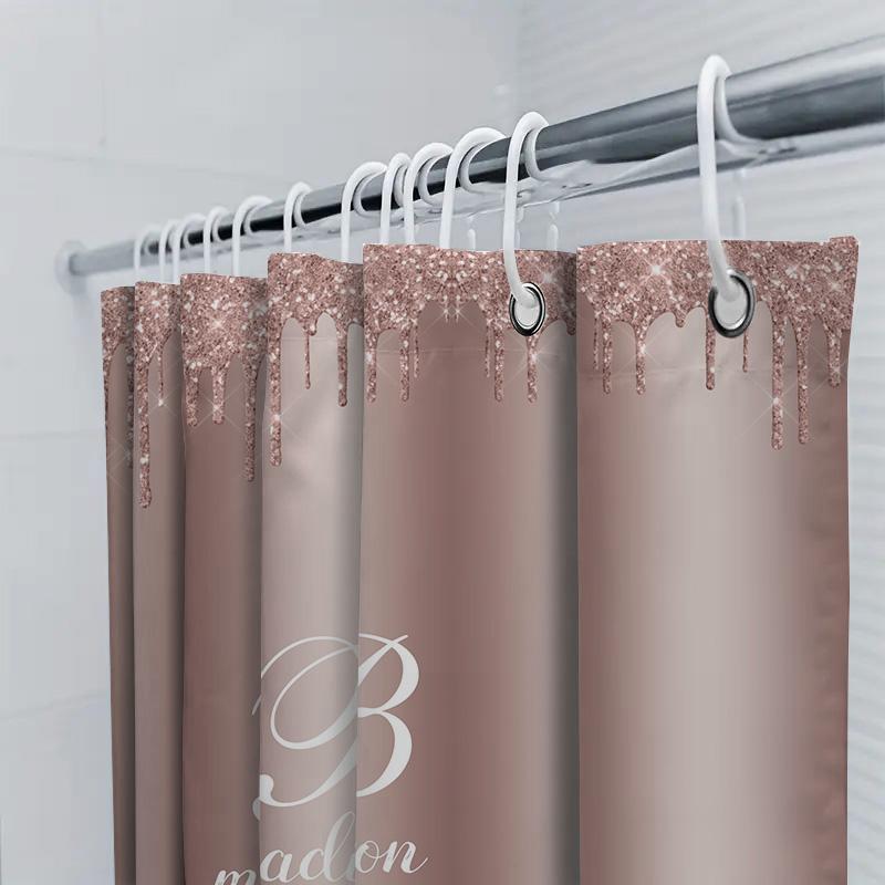 Waterproof Bath Shower Curtain Decorative Soft Fabric Family Name Monogram Initials Luxury Rose Gold G