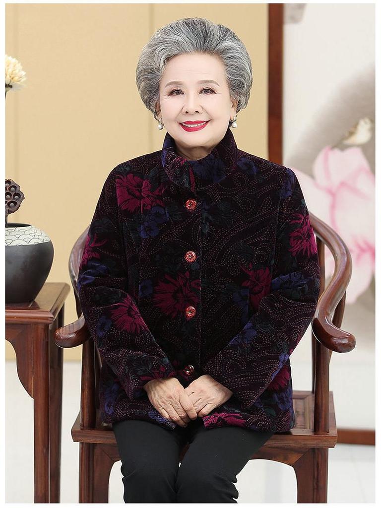 Fleece-Lined Winter Jacket for Middle-Aged and Elderly Women: Grandma Style, Thickened Cotton, Two-Piece Set (Top and Jacket).
